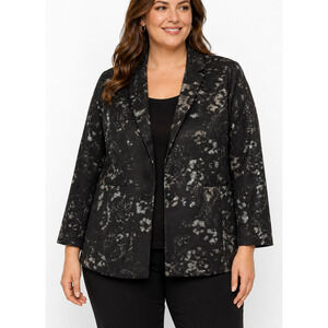 Chicos Womens Size 3 Blazer Black Silver Metallic Jacket Hook Eye Classic Gala